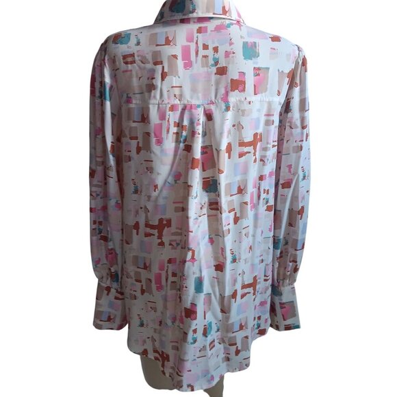 2XL Vintage 80s Abstract Print Blouse With Down Slinky Polyester Pleated Back De - Picture 6 of 7
